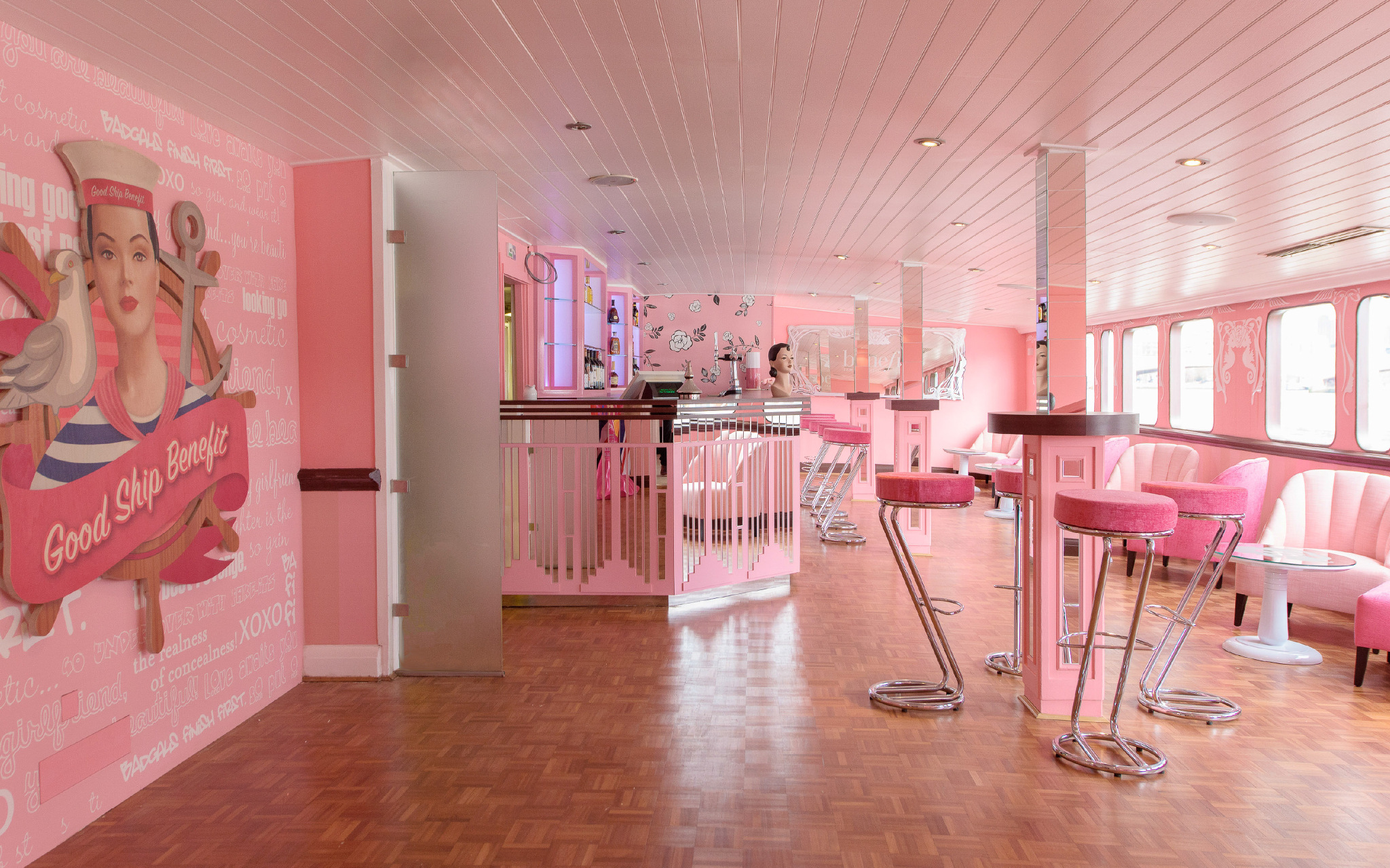 Good Ship Benefit branded pink interior